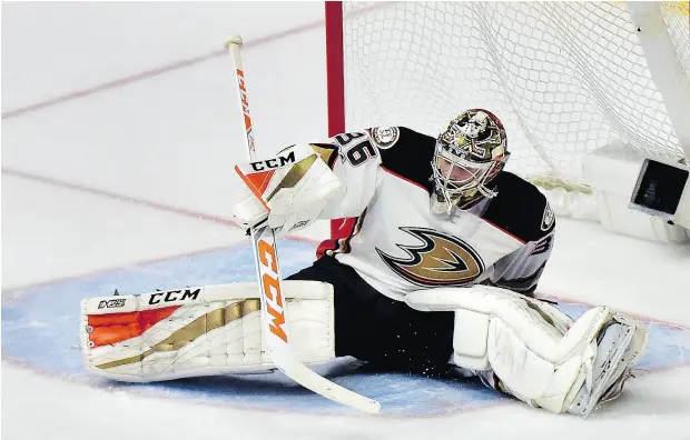  ?? FREDERICK BREEDON / GETTY IMAGES ?? Goaltender John Gibson has proven his net worth to the Anaheim Ducks during this year’s playoff run after a few bumps in the first and second rounds. The Ducks and Nashville Predators are tied 2-2 in the Western Conference final with Game 5 scheduled...