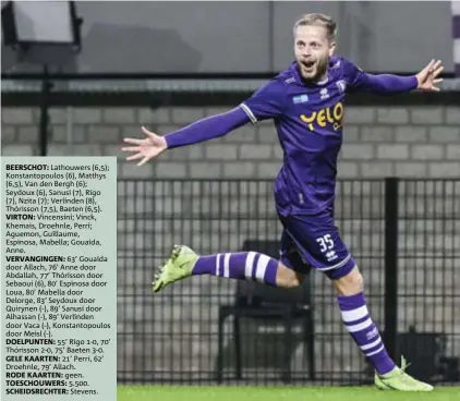  ?? FOTO BELGA ?? Dante Rigo juicht nadat hij met een prachtdoel­punt de ban heeft gebroken voor Beerschot.