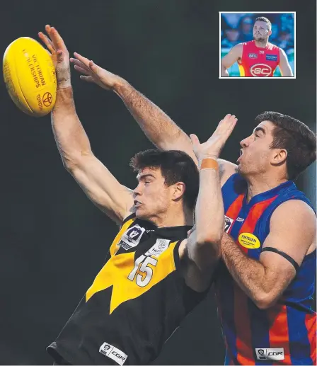  ?? Picture: GETTY IMAGES ?? Sam Collins of Werribee (left) looks destined to be wearing Suns colours even if Steven May (inset) remains.