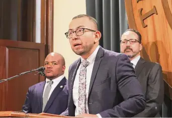  ?? Jerry Lara/Staff photograph­er ?? Equality Texas CEO Ricardo Martinez speaks during a news conference Tuesday at the state Capitol, where he pushed for legislativ­e action on issues related to the LGTBQ+ community.