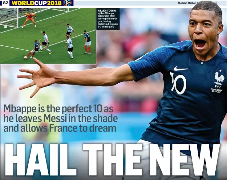  ??  ?? KILLER TOUCH: Kylian Mbappe celebrates after scoring the fourth goal, having earlier put his side 3-2 ahead (left)
