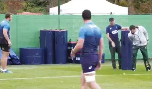  ??  ?? Sad: Rassie Erasmus mockis Farrell’s tackle in training this week