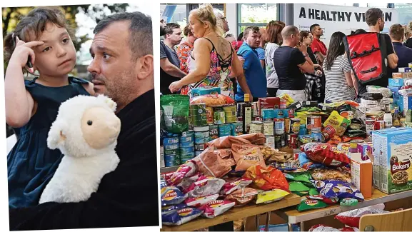  ??  ?? Escape: Michael Paramasiva­n and stepchild Thea Community spirit: Food donations and volunteers pack the Westway Sports and Fitness Centre in the shadow of the Grenfell Tower tragedy
