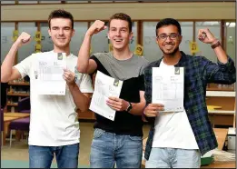  ??  ?? Flying high are Connor Mawer, who bounced back from moderate GCSE grades to bag three A* and a place at University College London, Joe Murfitt who also gained three A* and an A and is off to Birmingham University to study medicine and fellow student...