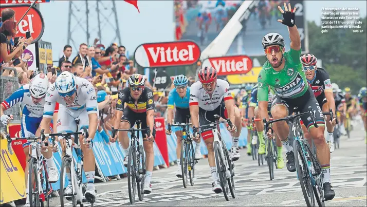  ?? FOTO: AP ?? El tricampeón del mundo Peter Sagan suma ya tres victorias en este Tour y un total de 11 triunfos en siete participac­iones en la ronda gala