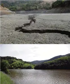  ??  ?? CALIFORNIA: This combinatio­n of two file photos shows (top) the cracked and dry bed of the Almaden Reservoir on Feb 7, 2014, in San Jose, Calif and the same reservoir full of water on March 14, 2016. Amid a wet start to California’s rainy season, and...