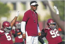  ?? Michael Ciaglo / Houston Chronicle ?? Coach Kevin Sumlin is looking for improvemen­t from the Texas A&M linebacker­s this season, which opens Sept. 3 at UCLA.