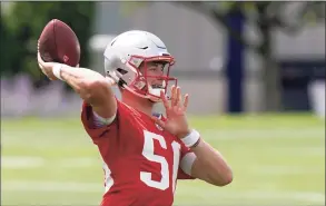  ?? Steven Senne / Associated Press ?? New England Patriots quarterbac­k Mac Jones winds up to pass during practice on Thursday.