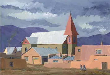  ??  ?? Cliff Harmon (1923-2018), Guadalupe Church, ca. 1947, acrylic on board. Harwood Museum of Art, Taos, NM. Museum purchase made possible by the Veritas Fund, 2020.2.