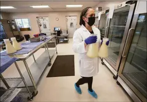  ?? David Zalubowski / Associated Press ?? Rebecca Heinrich, director of the Mothers’ Milk Bank, loads frozen milk donated by lactating mothers from plastic bags into bottles for distributi­on to babies Friday at the foundation’s headquarte­rs in Arvada, Colo.