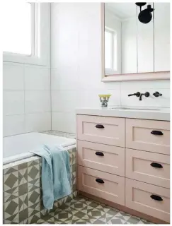  ??  ?? MAIN BATHROOM The children share this beautiful and functional space.
The bath and shower are on one side (left) and the toilet is in an adjacent powder room (above). Cabinetry in Dulux Basic Coral with Shaker cup pulls from Mother of Pearl & Sons Trading. Otis sconce, Schoolhous­e. Brunschwig & Fils ‘Bird & Thistle’ wallpaper in Aqua, Elliott Clarke. Ceramica Vogue ceramic wall tiles in Rosa (above), Classic Ceramics. Urban Retro reproducti­on encaustic floor tiles, Jatana Interiors. Liano island bath and Faun wall basin, Caroma.
Local hero: Neu England lever wall sets in Aged Iron, $686 each, Brodware.
ABIGAIL’S ROOM A sweet haven for a seven-year-old. Custom bedhead,
Cavalier Upholstere­d Furniture. French linen bedlinen in Rosewater (pink) and Oasis, Bedouin Societe. Aegean Pink cushion, Bonnie and Neil. Majvillan ‘Apple Garden’ wallpaper in Soft Green, available through Wallpaper Direct.
Smart buy: Canvas+Sasson ‘Jasmine’ lamp in Blush Pink, $299, Bloom & Co.