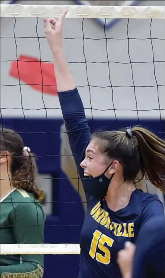  ?? PETE BANNAN — MEDIANEWS GROUP ?? Unionville’s Ashlyn Wiswall reacts to a point after her team beat Bishop Shanahan on Wednesday for the unofficial league title. Unionville is the top seed in District 1 and will host No. 16 Plymouth Whitemarsh.