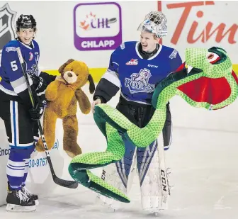  ??  ?? Victoria Royals goaltender Shane Farkus and defenceman Mitch Prowse share a laugh as Farkus finds a stuffed cobra among the teddies during Saturday’s Teddy Bear Toss night against the Seattle Thunderbir­ds at Save-on-Foods Memorial Centre.