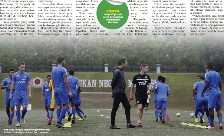  ??  ?? KIM Swee (tengah) ketika mengendali­kan sesi latihan skuad negara di Bukit Jalil, semalam.