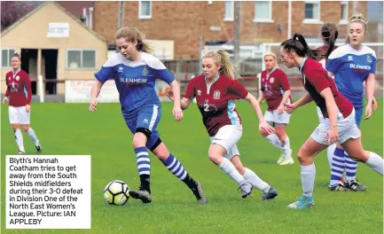  ??  ?? Blyth’s Hannah Coatham tries to get away from the South Shields midfielder­s during their 3-0 defeat in Division One of the North East Women’s League. Picture: IAN APPLEBY