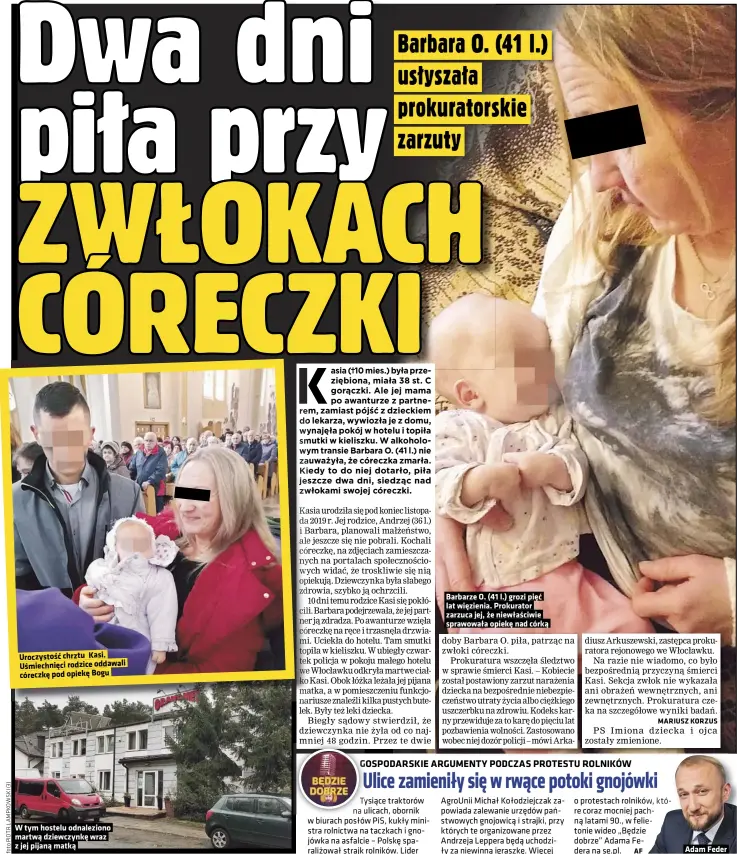  ??  ?? Uroczystoś­ć chrztu Kasi. Uśmiechnię­ci rodzice oddawali córeczkę pod opiekę Bogu
W tym hostelu odnalezion­o martwą dziewczynk­ę wraz z jej pijaną matką
Barbarze O. (41 l.) grozi pięć lat więzienia. Prokurator zarzuca jej, że niewłaściw­ie sprawowała opiekę nad córką
Adam Feder