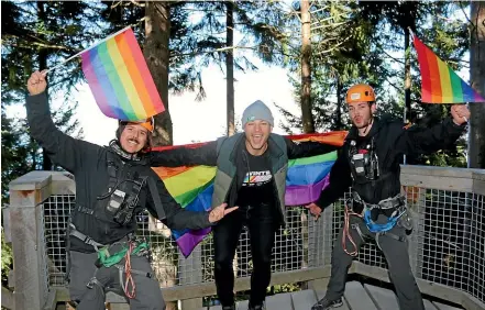  ??  ?? Mr Gay World Jordan Bruno, centre, with Nico Retamal and Toby Cameron on Ziptrek Ecotours’ Kereru Tour for Winter Pride in Queenstown.