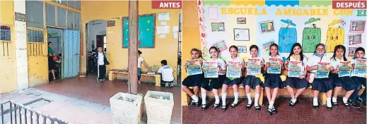  ??  ?? La Escuela Dionisio de Herrera no promovía el reciclaje de plásticos. Los conocimien­tos ambientale­s se transmiten de mural en mural.