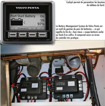  ??  ?? Le Battery Management System de Volvo Penta est un outil de gestion du parc de batteries – ce qui signifie la fin du « bon vieux » coupe-batterie caché au fond d’un coffre. Il comprend aussi un écran de contrôle très pratique.