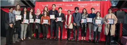  ?? JASHAN DEOL ?? Founder of Basant Motors Baldev Singh Bath joins recipients of the dealership’s annual scholarshi­p awards during a ceremony on Oct. 5.