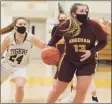  ?? Dave Phillips / For Hearst Connecticu­t Media ?? Sheehan’s Caitlyn Hunt, right, handles the ball while defended by Hand’s Coco Rourke on Friday in Madison.