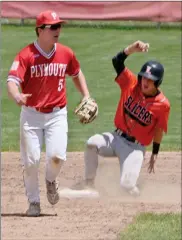  ?? ?? Ryan Jolly gets the out at second and heads for the Plymouth dugout.