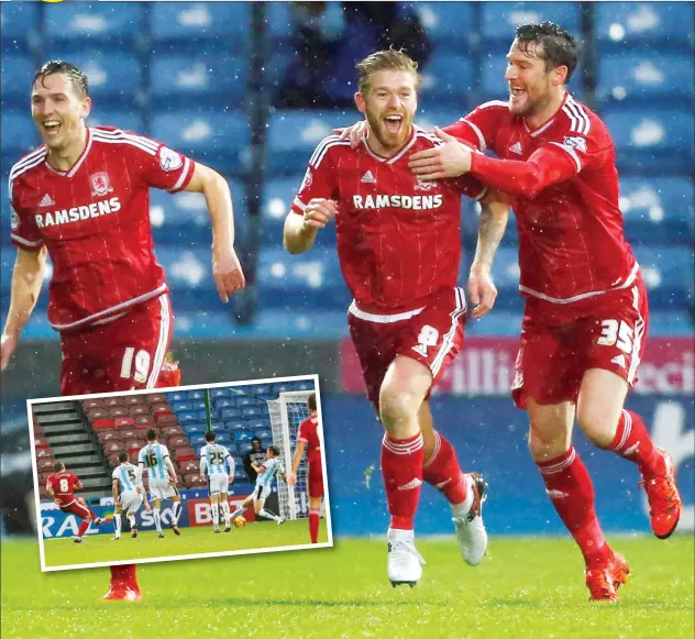  ?? PICTURES: Action Images ?? SMASH AND GRAB: Adam Clayton celebrates scoring the first goal for Middlesbro­ugh with team-mates. Inset: The former Terrier fires home