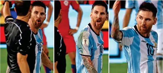  ??  ?? Losing his cool: Argentina star Lionel Messi has some angry words for the referee against Chile last week