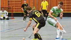  ?? Foto: Szilvia Izsó ?? Die Floorballe­r der SG Nordheim/Ingolstadt (schwarze Trikots, hier am Ball Andreas Finkenzell­er) mussten sich den Gästen aus Halle geschlagen geben.