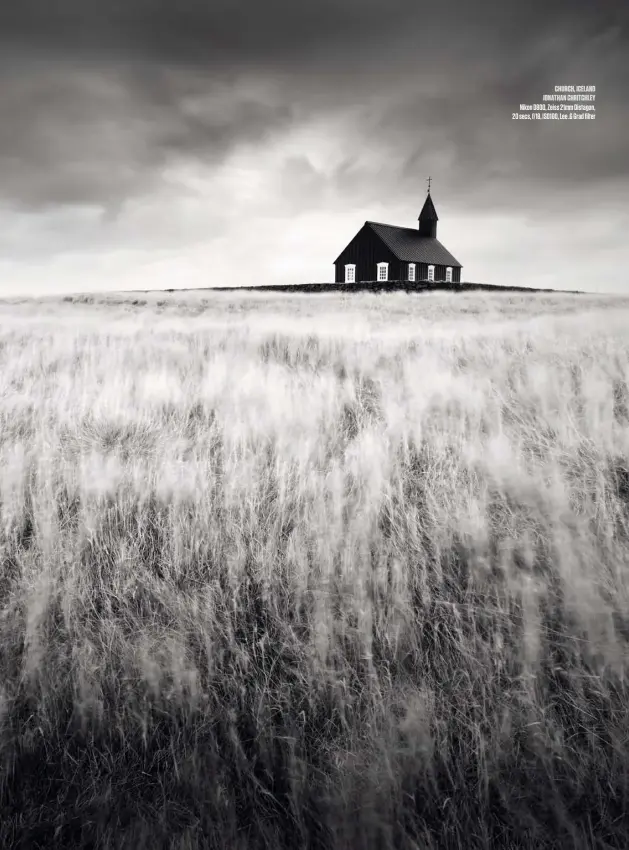  ??  ?? CHURCH, ICELAND Jonatha n Chritchle y Nikon D800, Zeiss 21mm Distagon, 20 secs, f/ 18, ISO100, Lee .6 Grad filter