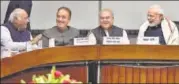  ?? SONU MEHTA/HT ?? Leader of Opposition in Lok Sabha Mallikarju­n Kharge, LOP in Rajya Sabha Ghulam Nabi Azad, parliament­ary affairs minister Narendra Singh Tomar and Prime Minister Narendra Modi at an all-party meeting at Parliament House on Monday.
