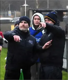  ?? ?? The Wicklow management team discuss tactic during the Divi sion 4 clash with Leitrim in Ballinamor­e.