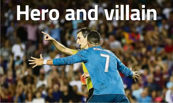  ?? — AP ?? Game over: Real Madrid’s Cristiano Ronaldo reacts after referee Ricardo de Burgos Bengoetxea shows him a red card during the Spanish Super Cup first leg at the Nou Camp on Sunday.