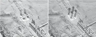  ??  ?? This combinatio­n of handout pictures provided on January 20, by UNITAR-UNOSAT shows satellite- detected images of the damaged Roman tetrapylon in the ancient Syrian city of Palmyra on January 10, (L), and of the same monument on December 26, 2016 (R)...