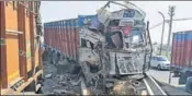  ?? HT PHOTO ?? A truck after collision with another truck on the national highway1 near Karnal on Tuesday