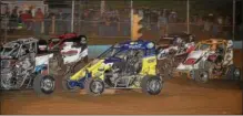  ?? CARL HESS - FOR DIGITAL FIRST MEDIA ?? Alex Bright (#X) is pictured here battling though the pack on his way to victory lane in the popular Wingless 600 Micro Sprint division.