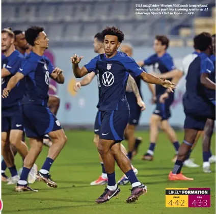  ?? ?? USA midfielder Weston Mckennie (centre) and teammates take part in a training session at Al Gharrafa Sports Club in Doha. — afp