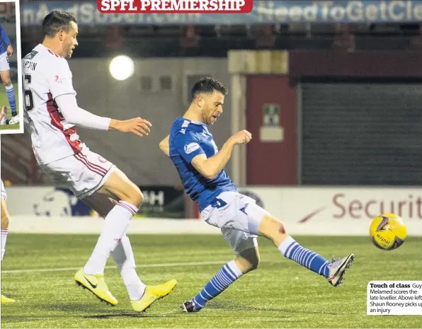  ??  ?? Touch of class Guy Melamed scores the late leveller. Above left, Shaun Rooney picks up an injury