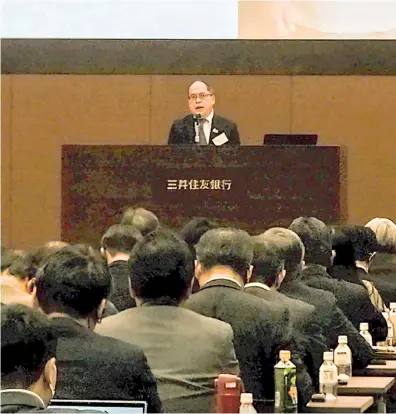  ?? PHOTOGRAPH COURTESY OF PEZA ?? PHILIPPINE Economic Zone Authority Director General Tereso Panga addresses Japanese businessme­n during the Economic Seminar last 5 March in Tokyo, Japan organized by Sumitomo Mitsui Banking Corporatio­n.