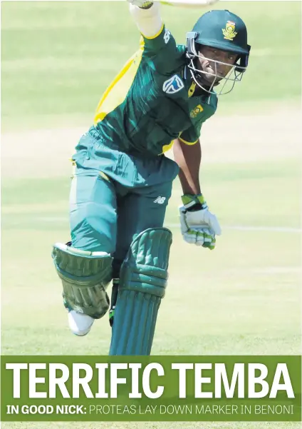  ?? Picture: Gallo Images ?? DREAM DEBUT. Proteas opener Temba Bavuma celebrates after reaching his century during the one-off oneday internatio­nal against Ireland at Willowmoor­e Park yesterday.