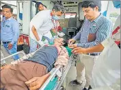  ?? PTI ?? A person who fell ill after consuming spurious liquor being brought for treatment at civil hospital in Ahmedabad.