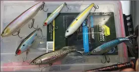  ?? (Arkansas Democrat-Gazette/Bryan Hendricks) ?? An array of topwater lures are used by the author, including the Storm Top Walker (left), MirrOlure Mirrodine (middle left), MirrOlure Floating Twitch Bait (middle right), Boing (right center), Seville Stick Shadd (bottom left) and Whopper Plopper (bottom right).