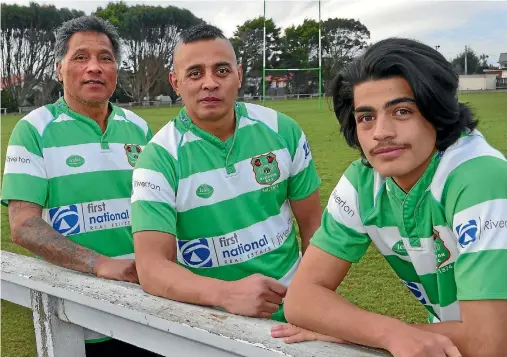  ?? JOHN HAWKINS/FAIRFAX NZ 634416184 ?? Grandfathe­r Mackie Thompson, 57, his son Colin Thompson, 37, and grandson Cullen Thompson, 16, will all play together for the Riverton Rugby Club’s senior team on Saturday.