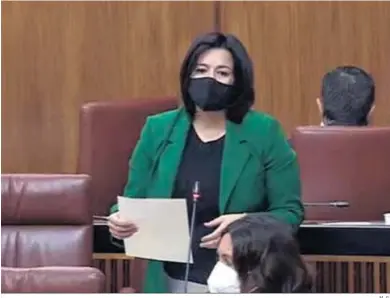  ?? M. G. ?? Virginia Pérez toma la palabra en el Parlamento mientras Toni Martín –detrás– le da la espalda.