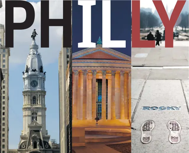  ??  ?? Left: City hall with statue of William Penn; centre: Philadelph­ia Museum of Art; right: Bronze footprints mark where boxer Rocky Balboa, portrayed by Sylvester Stallone, leaped for joy in the fi lm Rocky.