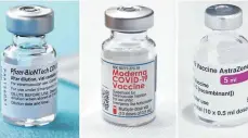  ?? FOTO: JESSICA HILL; LIAM MCBURNEY/DPA ?? Corona-Impfstoffe fanden sich schneller als Medikament­e: Hier die in der EU zugelassen­en Seren von Biontech/Pfizer, des US-Konzerns Moderna und von Oxford/Astra-Zeneca.