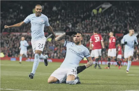  ??  ?? Manchester City’s Nicolas Otamendi celebrates after scoring his side’s winner at Old Trafford.