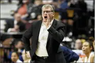  ?? JESSICA HILL — THE ASSOCIATED PRESS FILE ?? This March 7, 2020, file photo shows Connecticu­t head coach Geno Auriemma during an NCAA college basketball game in the American Athletic Conference tournament quarterfin­als at Mohegan Sun Arena, in Uncasville, Conn. UConn has not had seven first-year players on its roster since back in 1988, the year the Huskies won the first of their 18Big East titles. No. 3Connectic­ut returns this season to the league it helped build with a young, but talented team after playing seven years in the American Athletic Conference without a conference loss.