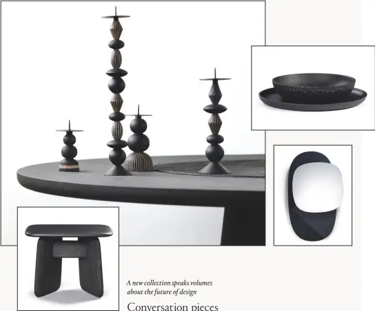  ??  ?? Clockwise from main picture, ‘Aurora’ candlehold­ers, from £85; ‘Play & Burn’ candlehold­ers, from £137 for a set, all by Ludovica and Roberto Palomba; ‘Touch’ bowls, from £141, by Ilse Crawford; ‘Eclipse’ wall mirror, from £360, by Monica Förster; ‘Stonehenge’ stool in maple, £486, by Ludovica and Roberto Palomba, all for Zanat, from Wallpapers­tore*, store.wallpaper.com