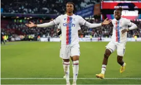  ?? Photograph: Peter Cziborra/Action Images/Reuters ?? Michael Olise celebrates Crystal Palace’s last-gasp winning goal with Wilfried Zaha.